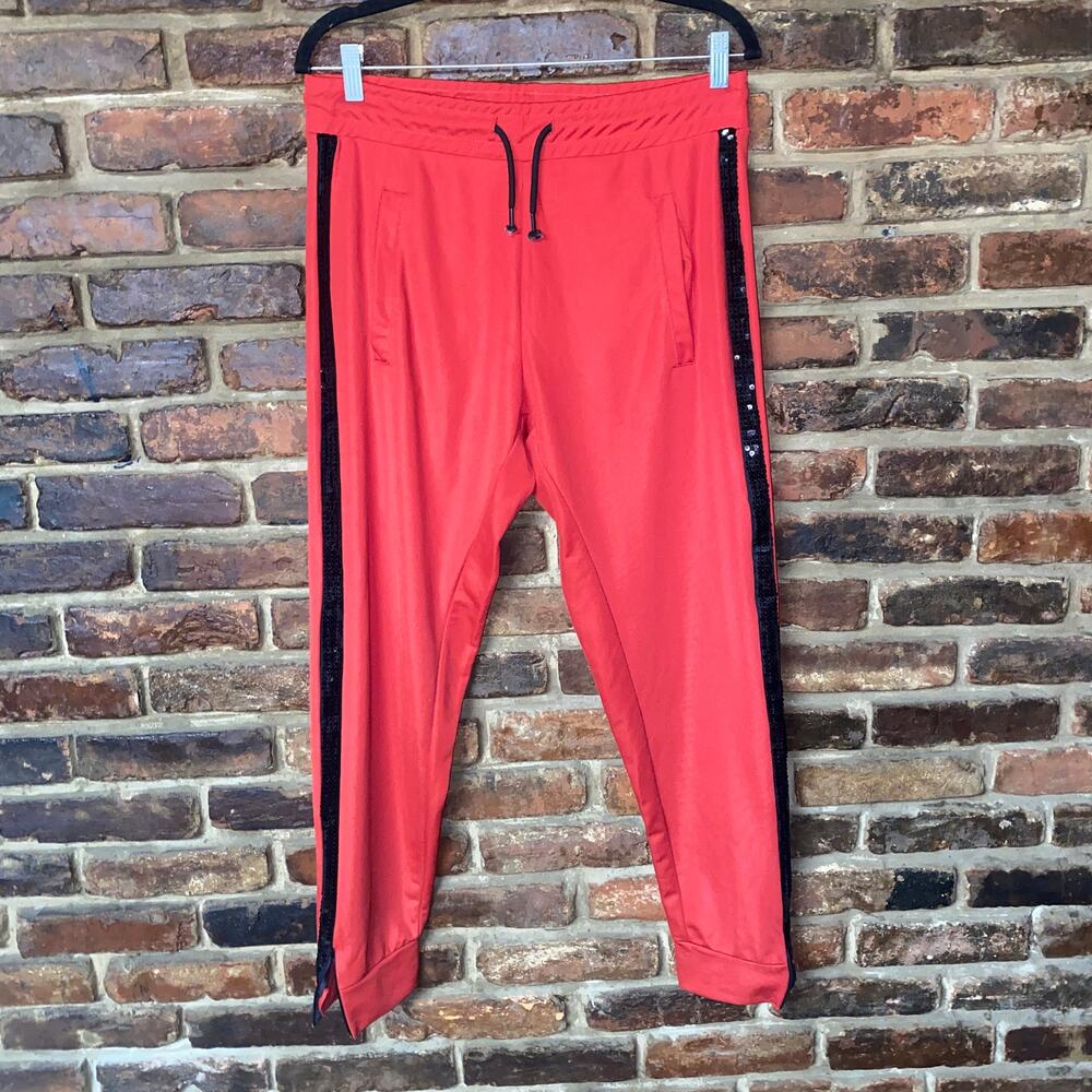Zara Red Black Side Sequin Stripe Ankle Zip Jogger Pants Men's Size Medium